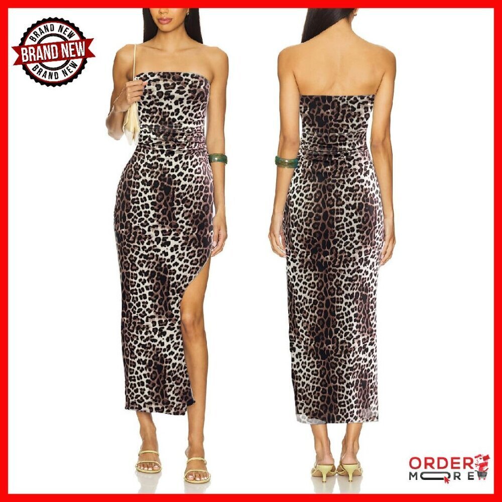 Strapless Midi Dress Bodycon Ruched Mesh Slit Party Club Night Out